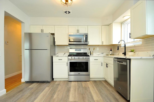 kitchen featuring white cabinetry, appliances with stainless steel finishes, a sink, and tasteful backsplash