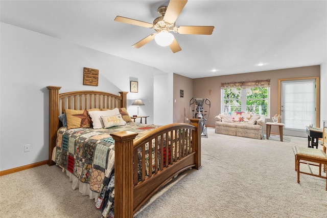 carpeted bedroom with baseboards, recessed lighting, and ceiling fan