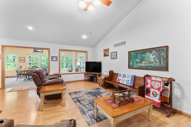 living room with a ceiling fan, recessed lighting, baseboards, visible vents, and wood finished floors