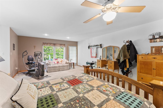 bedroom featuring baseboards, recessed lighting, ceiling fan, and light colored carpet