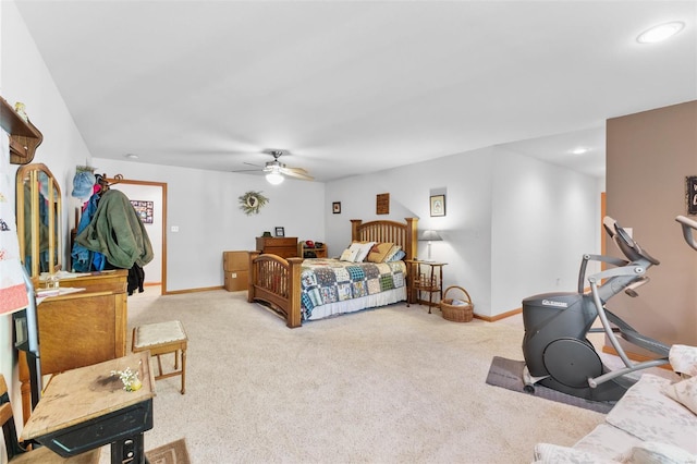 bedroom featuring ceiling fan, carpet, baseboards, and recessed lighting