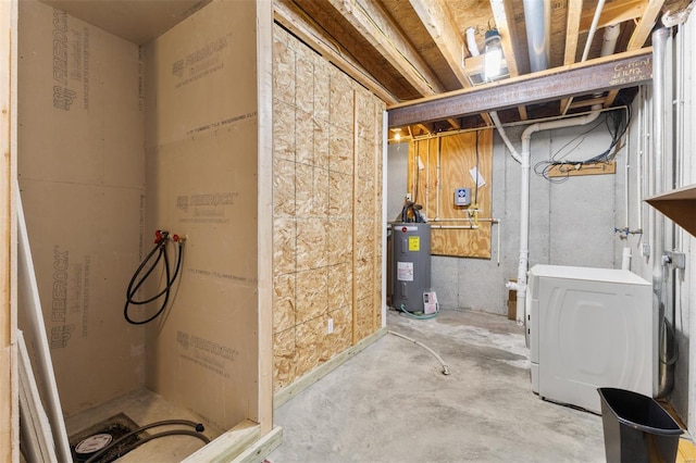 unfinished below grade area featuring washer / dryer and electric water heater