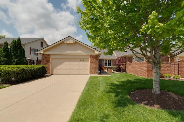single story home featuring brick siding, a garage, driveway, and a front yard