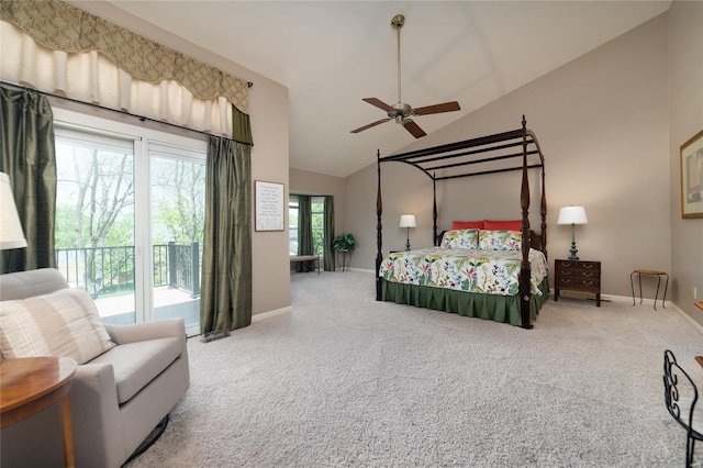 bedroom with access to outside, high vaulted ceiling, baseboards, and carpet