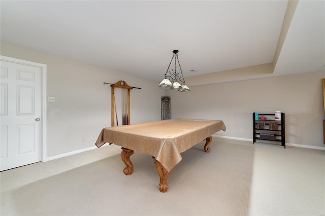 rec room with baseboards, billiards, and light colored carpet