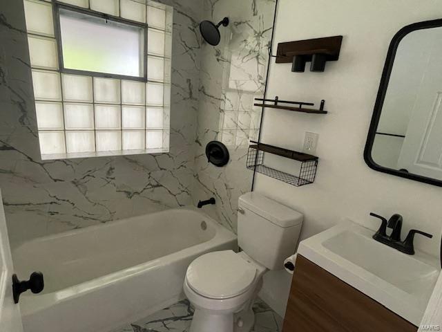full bathroom featuring shower / bath combination, vanity, toilet, and marble finish floor