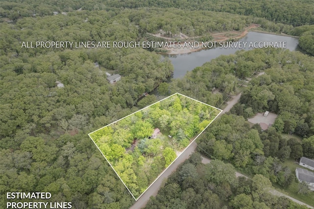 birds eye view of property featuring a water view and a view of trees