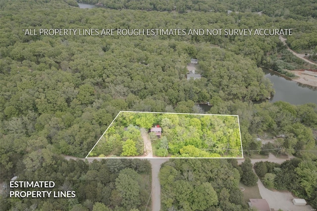 bird's eye view with a wooded view and a water view