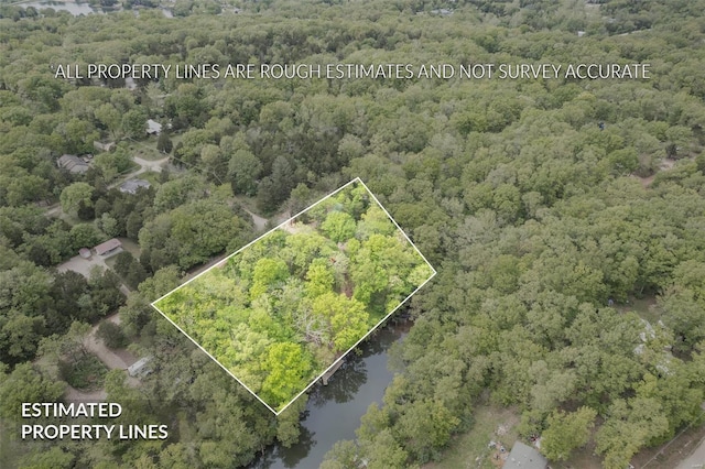 drone / aerial view featuring a water view and a forest view