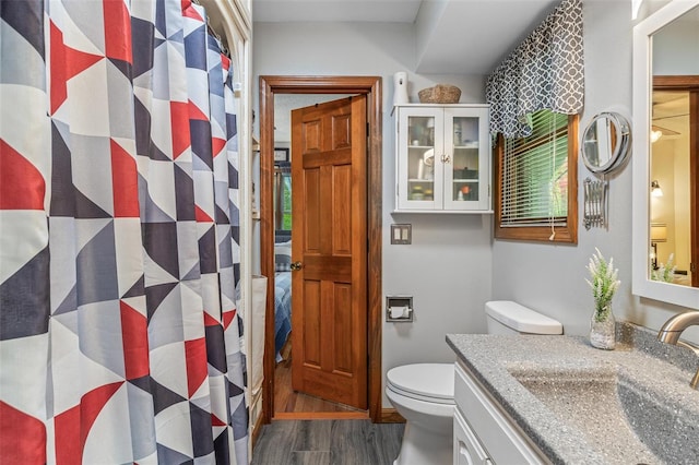 full bathroom featuring toilet, curtained shower, wood finished floors, and vanity