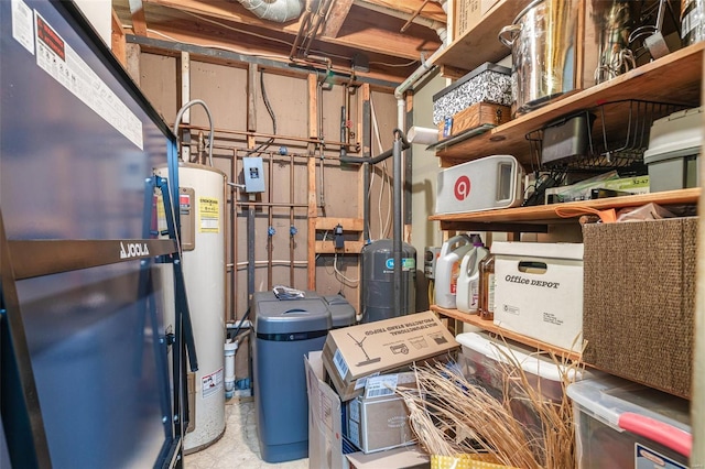 storage area with electric water heater and heating unit