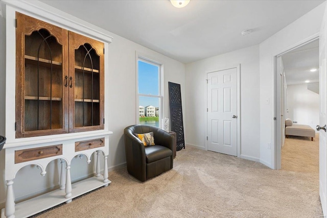 sitting room featuring carpet floors and baseboards