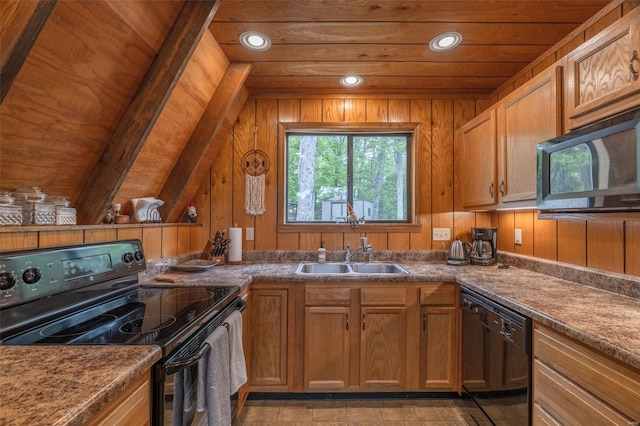kitchen with recessed lighting, wood ceiling, a sink, wood walls, and black appliances