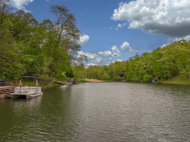 view of water feature featuring a floating dock and a wooded view