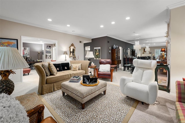 living area with recessed lighting, light carpet, and ornamental molding