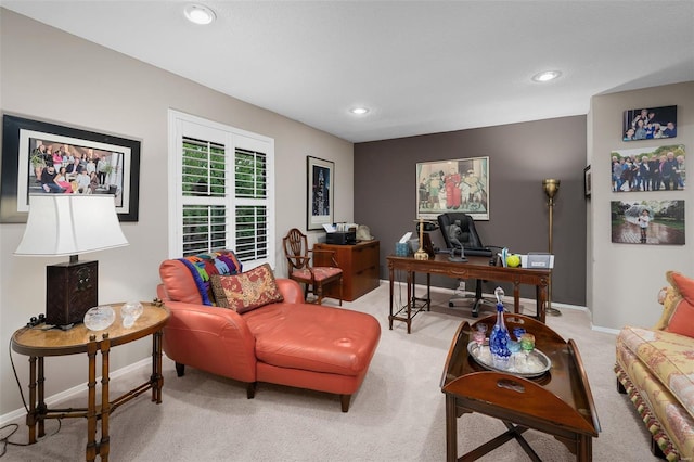 office area featuring baseboards, recessed lighting, and light carpet