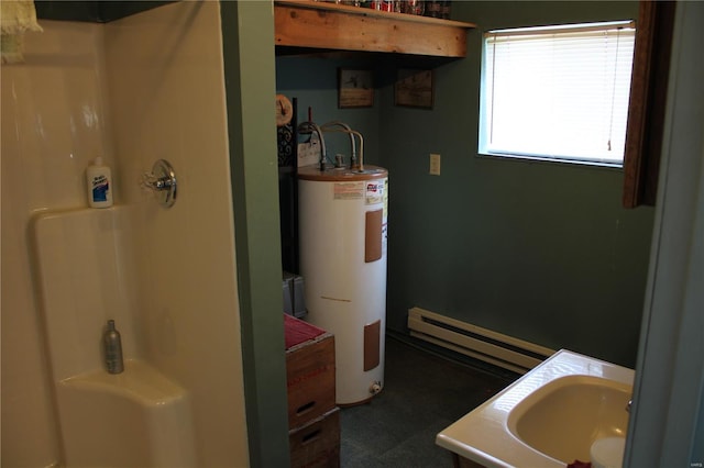 bathroom with vanity, walk in shower, a baseboard heating unit, and electric water heater