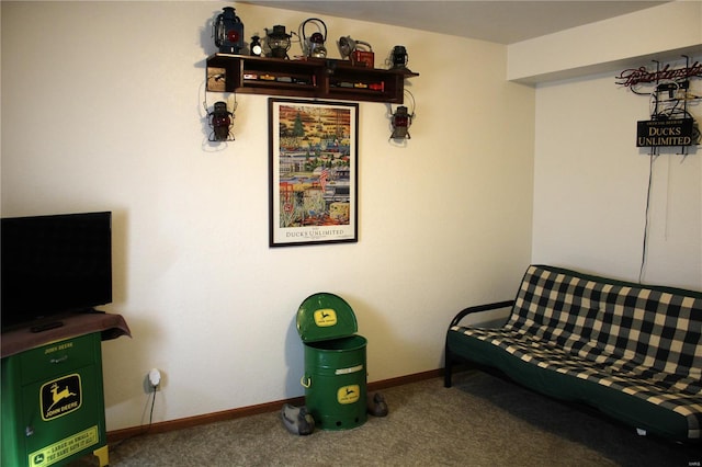 sitting room featuring carpet floors and baseboards