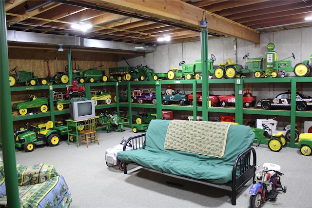 recreation room with carpet flooring