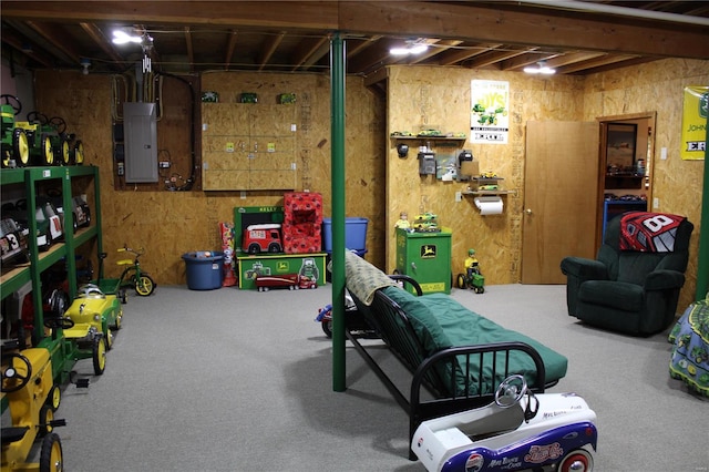 playroom with carpet floors and electric panel
