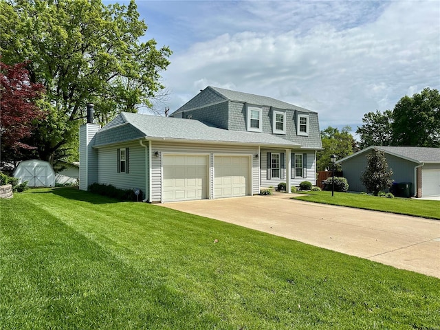 traditional home with an attached garage, driveway, a shingled roof, and a front yard