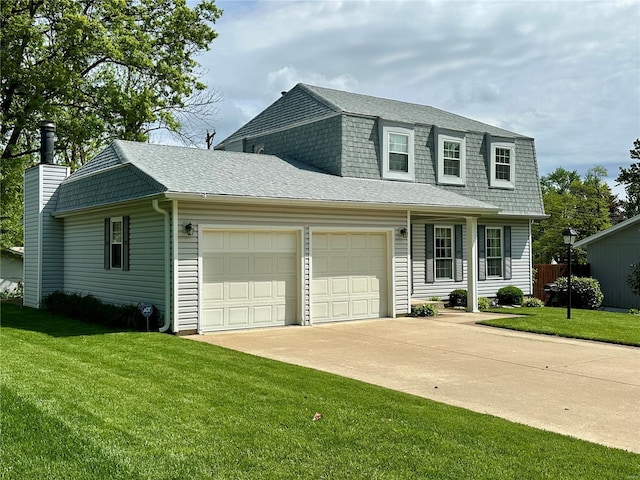 view of front facade with a garage, a shingled roof, concrete driveway, and a front lawn