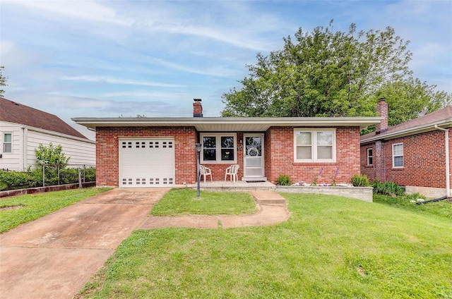 ranch-style house featuring an attached garage, brick siding, concrete driveway, a front yard, and a chimney