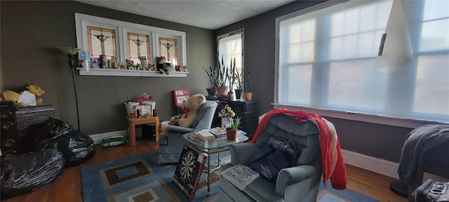 living area featuring baseboards, a healthy amount of sunlight, and wood finished floors