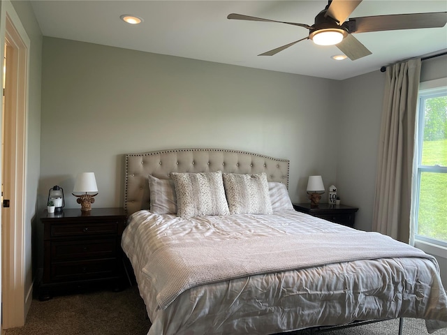 carpeted bedroom featuring a ceiling fan and recessed lighting