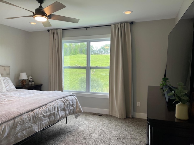 bedroom with carpet flooring, baseboards, ceiling fan, and recessed lighting