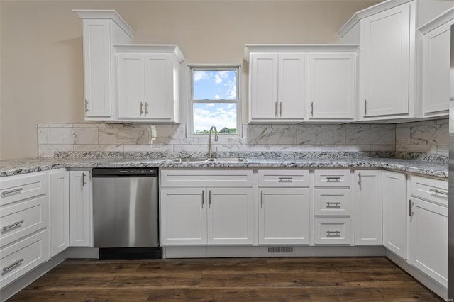 kitchen featuring a sink, white cabinets, visible vents, backsplash, and dishwasher