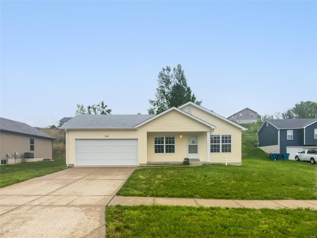 single story home featuring a front yard, a garage, and driveway