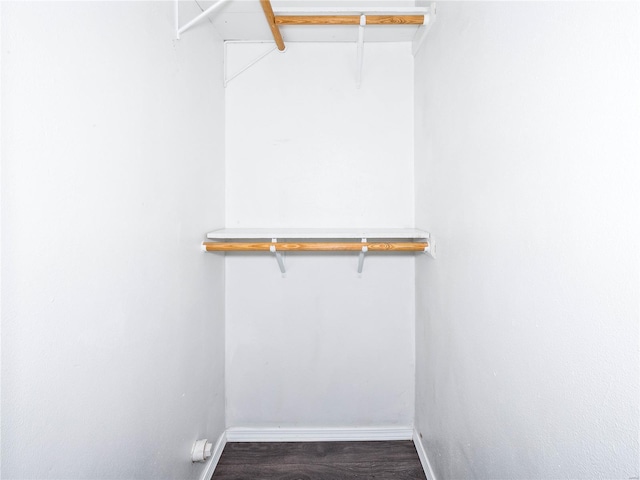 walk in closet with dark wood-style floors