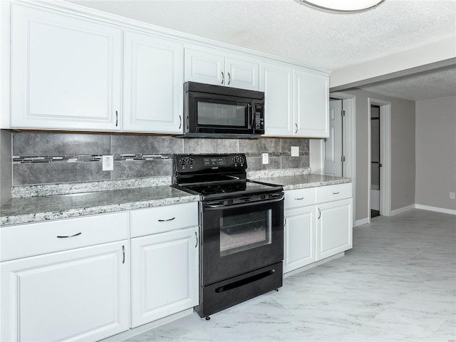 kitchen with black appliances, backsplash, white cabinets, baseboards, and a textured ceiling