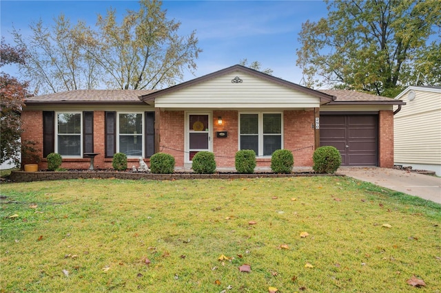 ranch-style home featuring a front lawn, driveway, brick siding, and an attached garage