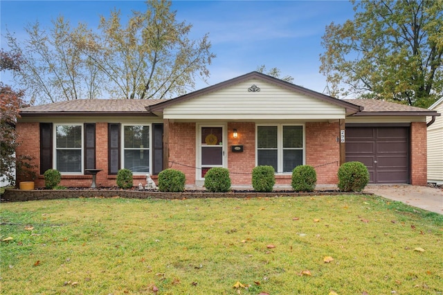 ranch-style house featuring an attached garage, brick siding, concrete driveway, a front lawn, and a shingled roof