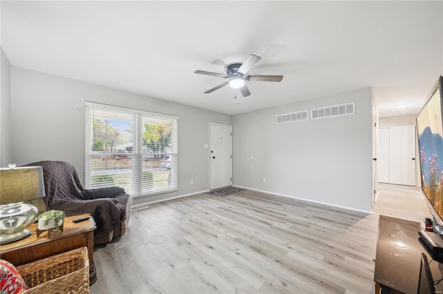 sitting room featuring ceiling fan, light wood-style flooring, baseboards, and visible vents