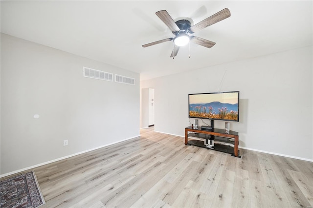 unfurnished living room featuring visible vents, wood finished floors, baseboards, and ceiling fan