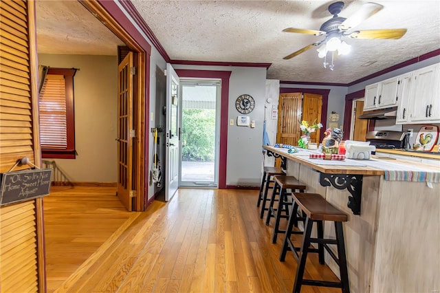 kitchen with a breakfast bar area, under cabinet range hood, ceiling fan, baseboards, and light wood-style floors