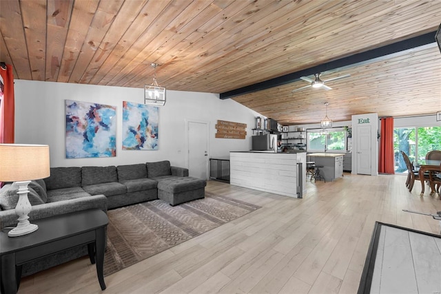 living area featuring wooden ceiling, light wood-type flooring, and a ceiling fan