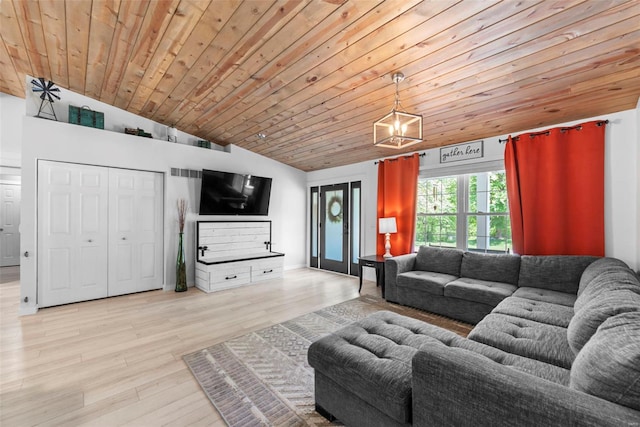 living area with vaulted ceiling, light wood-style floors, and wood ceiling