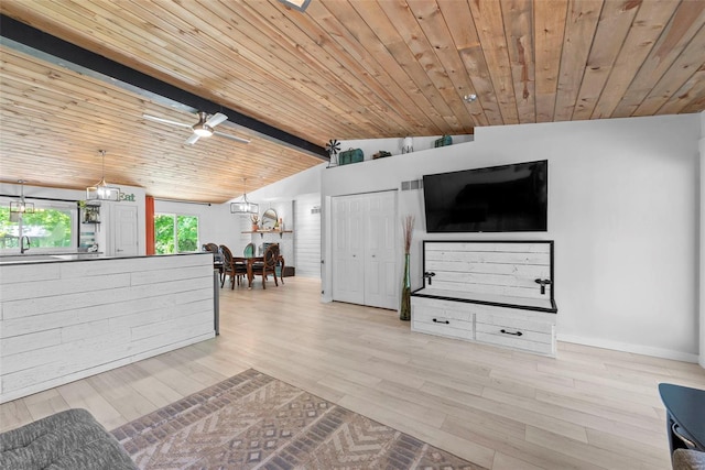 living area featuring wood finished floors, baseboards, and wooden ceiling