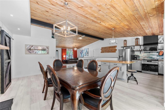 dining room with a chandelier, wood ceiling, light wood-type flooring, baseboards, and recessed lighting