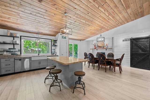 kitchen with dishwasher, gray cabinets, butcher block counters, wood ceiling, and vaulted ceiling