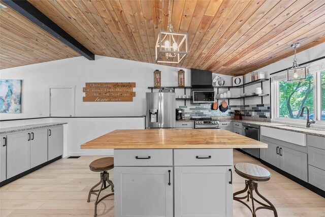 kitchen with stainless steel appliances, a sink, open shelves, a breakfast bar area, and wood ceiling