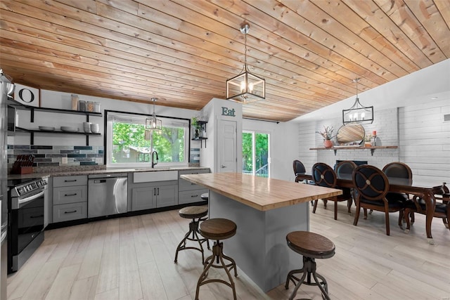 kitchen with appliances with stainless steel finishes, a sink, butcher block countertops, gray cabinetry, and wood ceiling