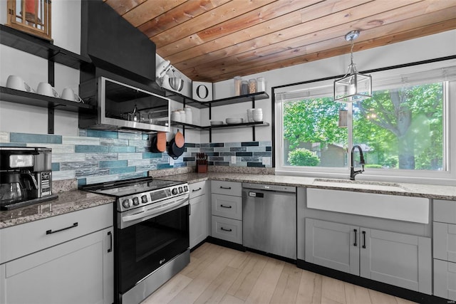 kitchen with appliances with stainless steel finishes, open shelves, wooden ceiling, decorative backsplash, and light stone counters