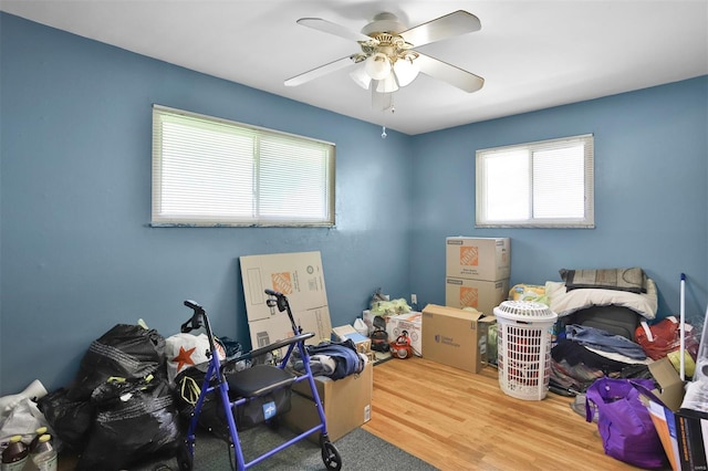 storage area featuring ceiling fan