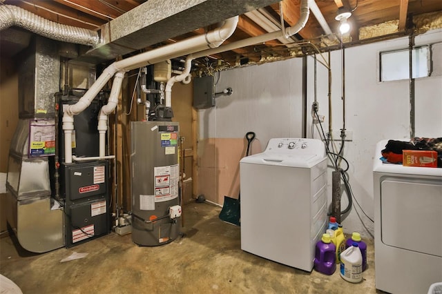 basement with gas water heater, washer and dryer, electric panel, and heating unit