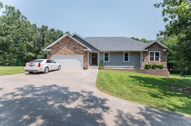 ranch-style house with a front lawn, stone siding, an attached garage, and driveway
